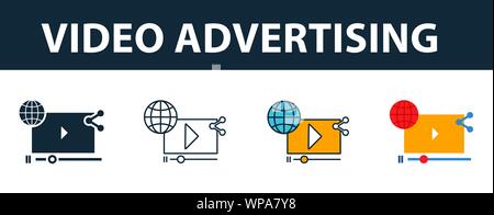 La publicité vidéo icon set. Quatre éléments dans diférents styles à partir d'icônes marketing en ligne collection. La publicité vidéo créatif rempli d'icônes, contours Illustration de Vecteur
