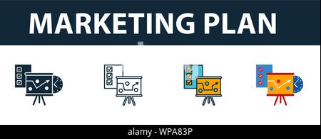 Plan marketing icon set. Quatre éléments dans diférents styles à partir d'icônes marketing en ligne collection. Plan de marketing créatif, contours remplis d'icônes Illustration de Vecteur