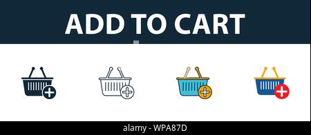 Ajouter au panier jeu d'icônes. Quatre éléments dans diférents styles à partir d'icônes marketing en ligne collection. Creative Ajouter au panier rempli d'icônes, de contours et de couleur Illustration de Vecteur