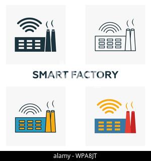 Smart Factory icon set. Quatre éléments dans des styles différents de l'industrie 4.0 icônes collection. Creative smart factory rempli d'icônes de couleur, contours, et Illustration de Vecteur