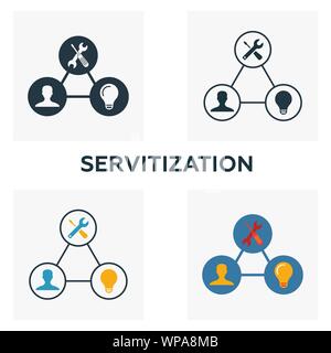 Servitization icon set. Quatre éléments dans des styles différents de l'industrie 4.0 icônes collection. Creative servitization rempli d'icônes de couleur, contours, et Illustration de Vecteur