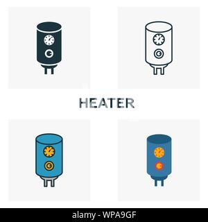 Ensemble de réchauffage. Quatre éléments dans diférents styles à partir de la collection d'icônes. Les icônes de radiateur rempli de créativité, contours, couleurs et symboles télévision Illustration de Vecteur