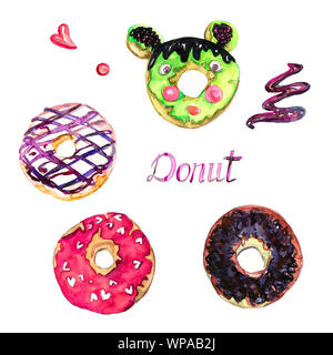 Donut variété collection, définir la forme des souris avec du chocolat, pistache, framboise glaze, peinte à l'aquarelle illustration avec l'inscription isolé sur Banque D'Images