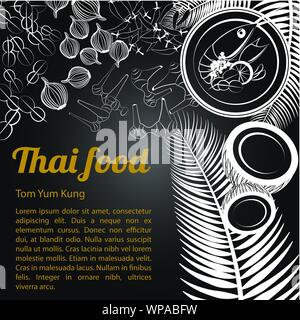 Thai délicieux et fameux bouquet.alimentaire soupe épicée tom yum kung et isolé avec ingrédient fond noir, noir et blanc style gris,vect Illustration de Vecteur