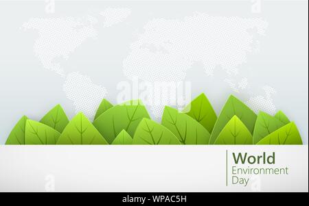 La journée mondiale de l'environnement. Vert feuilles de formes avec ombre sur fond de carte du monde. Vector illustration Illustration de Vecteur