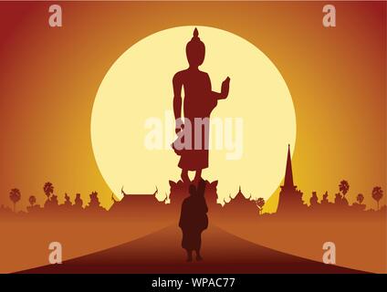 Monk marche hors de la route de pèlerinage au temple pour rendre le mérite dans les régions rurales et forêt. pour la paix le silence et le dharma dans le coucher du soleil grand soleil derrière image de Bouddha st Illustration de Vecteur