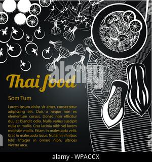 Thai délicieux et célèbre Salade de papaye Som Tum et isolé avec ingrédient fond noir, noir et blanc, échelle de gris,style vector illustration Illustration de Vecteur