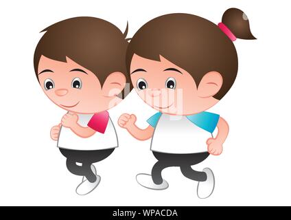 Bubble head boy and girl cartoon course jogging fond blanc isolé,vector illustration Illustration de Vecteur