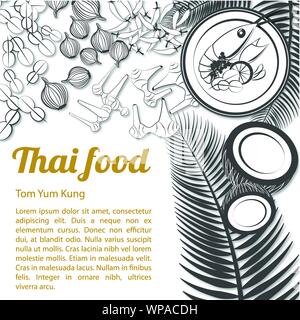 Thai délicieux et fameux bouquet.alimentaire soupe épicée tom tum kung et isolé avec ingrédient fond blanc noir et blanc, échelle de gris,style vect Illustration de Vecteur