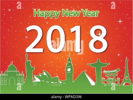 Bonne année partout dans le monde, marquant la célébration du bonheur,rouge et vert,style,silhouette vector illustration Illustration de Vecteur