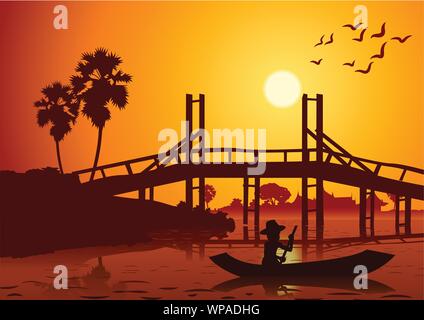 Paysage au coucher du soleil avec un bateau à rames retour à l'accueil près de pont en bois autour avec la nature .campagne de style de l'est design silhouette.vector illustr Illustration de Vecteur