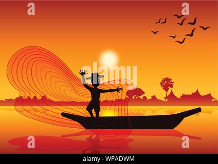 Country life,homme jeter filet de pêche pour pêcher sur un bateau dans le lac étang,style silhouette,l'heure du coucher de soleil,vector illustration Illustration de Vecteur