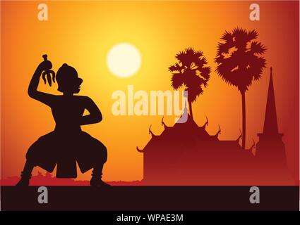 La danse traditionnelle de l'art dramatique classique Thaï Thaï.masqué la littérature ancienne,performance Ramayana,roi de singe prêt à combattre,style scène,silhouette Illustration de Vecteur