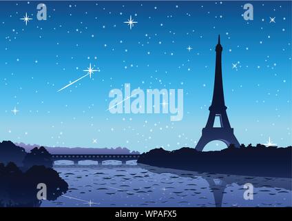 Tour Eiffel à Paris célèbre du monde dans la nuit pleine d'étoiles, vue du côté de la rivière,design silhouette Illustration de Vecteur