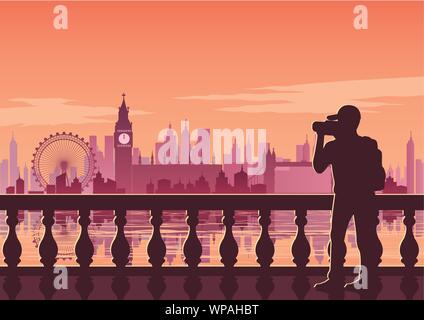 Prendre des photos de touristes célèbre lieu-dit Big Ben,vue de l'Angleterre sur l'heure du coucher du soleil,couleur,vintage style vector illustration Illustration de Vecteur