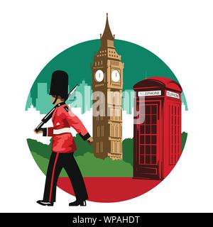 Soldat anglais,téléphone rouge fort et Big Ben,célèbre monument et symbole de l'Angleterre,pour tissu et web design,couleur du drapeau national,vector illustration Illustration de Vecteur