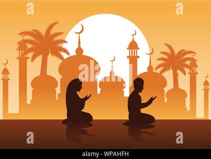 Prier dans la mosquée musulmane,design silhouette Illustration de Vecteur