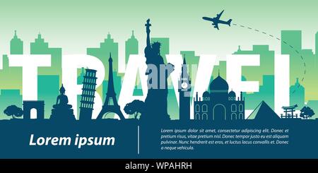 Haut monde célèbre style silhouette,travel,texte dans Voyage et tourisme, vector illustration Illustration de Vecteur