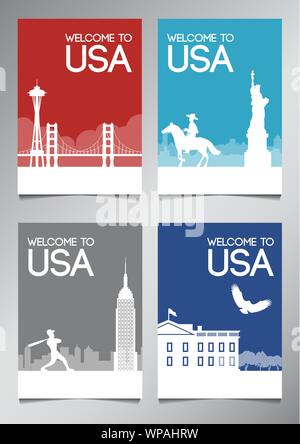 USA célèbre monument et symbole en silhouette style avec drapeau national thème couleur brochure situé,vector illustration Illustration de Vecteur