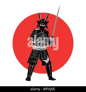 Maintenez Samurai sword en face de cercle rouge,guerrier du Japon,design réaliste monochrome,vector illustration Illustration de Vecteur