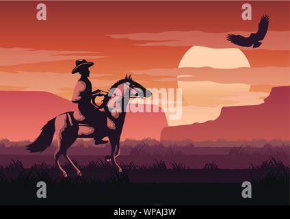 Silhouette et décor monochrome cowboy dans champ Savannah aller retour à l'accueil l'heure du coucher de soleil,couleur rouge,style vector illustration Illustration de Vecteur