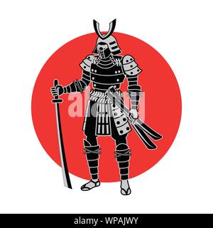 Maintenez Samurai sword en face de cercle rouge,guerrier du Japon,design réaliste monochrome,vector illustration Illustration de Vecteur