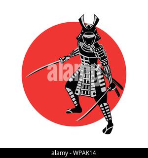 Maintenez Samurai sword en face de cercle rouge,guerrier du Japon,design réaliste monochrome,vector illustration Illustration de Vecteur