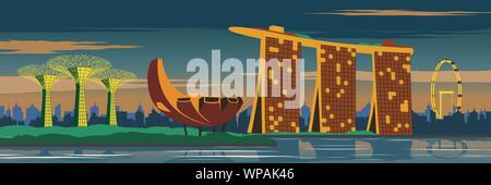 Marina Bay sand,jardin,Singapour Singapore Flyer et en décors,vintage,couleur,design silhouette vector illustration Illustration de Vecteur