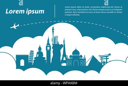 Haut monde célèbre style silhouette autour avec cloud,Voyage et tourisme, vector illustration Illustration de Vecteur