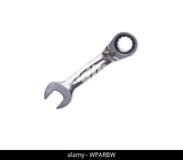 Clé à cliquet en métal chromé, outil pour les écrous et boulons de fixation. Fond blanc isoler vue d'en haut. Banque D'Images