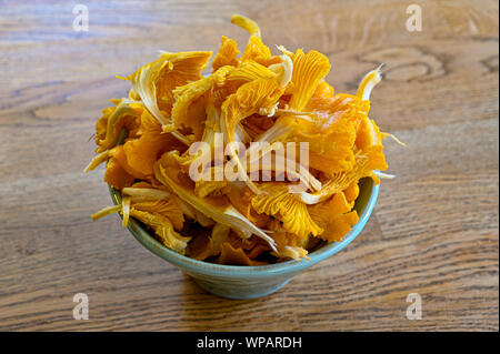 Chanterelles jaunes fraîches dans un bol une une table Banque D'Images