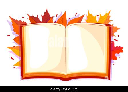 Livre ouvert coloré à l'automne les feuilles sur fond blanc. Modèle d'automne, l'espace vide avec élément de décoration. Vector illustration. Fond blanc isolé. Illustration de Vecteur