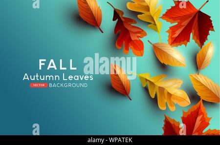 De couleur rouge et or feuilles d'automne sur un fond bleu. Vector illustration. Illustration de Vecteur