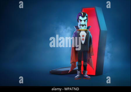 Un caractère d'halloween Vampire debout à côté d'un cercueil. 3D illustration. Banque D'Images