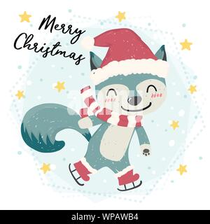 Cute happy blue wild animal fox skating dans la neige, joyeux Noël, télévision vector Illustration de Vecteur