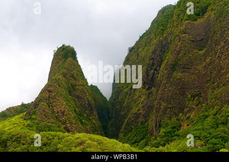 L'iao Needle sur un matin brumeux dans l'IAO Valley State Park sur l'île de Maui, Hawaii, USA Banque D'Images