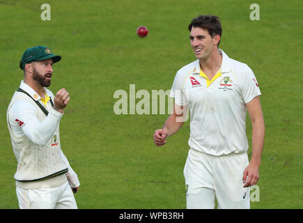 Manchester, UK. 05Th Sep 2019. Matthew Wade et Pat de Cummins Australie pendant cinq jours du 4e Test Match Cendres Specsavers, au terrain de cricket Old Trafford, Manchester, Angleterre. Credit : España/Alamy Live News Banque D'Images