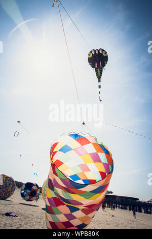 Photos prises de cerfs-volants colorés sur la main d'un festival de cerf-volant sur la plage de Buren sur l'île d'Ameland, Août 2019 Banque D'Images