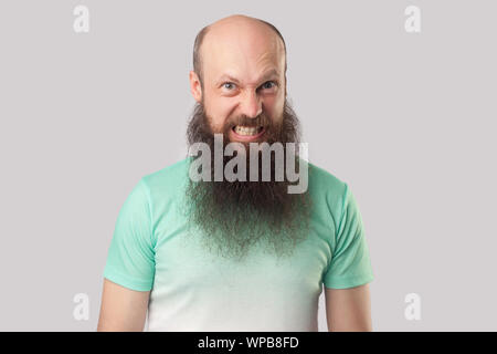 Portrait de fou furieux middle aged homme chauve avec longue barbe en vert clair t-shirt standing avec mad face, serrant les dents et à la caméra à l'ind. Banque D'Images