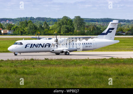 Gdansk, Pologne - 29 mai 2019 : ATR-72 Finnair avion à l'aéroport de Gdansk (GDN) en Pologne. Banque D'Images