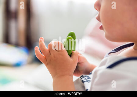 Baby Boy mains tiennent Concombre cru gerkins. intérieur à la découverte de légumes pour bébé Banque D'Images