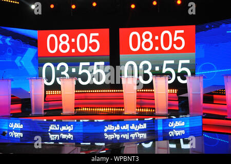 Tunis, Tunis. Sep 7, 2019. Vue générale de la Nejib El Kattab studio à la télévision nationale .Les débats du premier tour de l'élection présidentielle, commencer ce samedi, le 7 septembre et se déroulera sur 3 jours sur la télévision nationale tunisienne. Les exposés seront diffusés sur 11 chaînes de télévision et plus de 20 stations de radio. Le spectacle est intitulé ''La Route de Carthage. La Tunisie fait son choix '', aura lieu du 7 au 9 septembre à 21:00.Photo : Yassine Mahjoub. Credit : Chokri Mahjoub/ZUMA/Alamy Fil Live News Banque D'Images