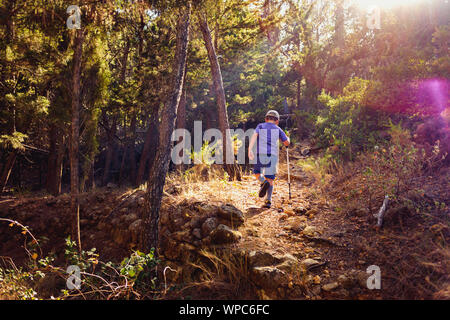 Enfant randonneur promenades sur son dos à travers les montagnes. Banque D'Images