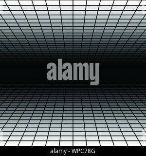 Grille à mailles, dans la perspective de disparaître, diminuer à horizon lointain. Rendre l'espace 3D virtuel. Skyline convergent abstract background. Profondeur 3D illustration. Je Illustration de Vecteur