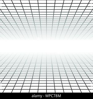 Grille à mailles, dans la perspective de disparaître, diminuer à horizon lointain. Rendre l'espace 3D virtuel. Skyline convergent abstract background. Profondeur 3D illustration. Je Illustration de Vecteur