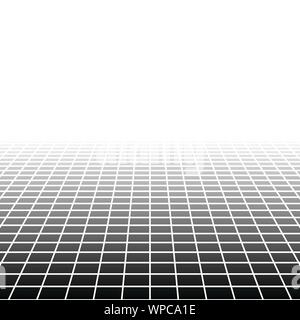 Grille à mailles, dans la perspective de disparaître, diminuer à horizon lointain. Rendre l'espace 3D virtuel. Skyline convergent abstract background. Profondeur 3D illustration. Je Illustration de Vecteur