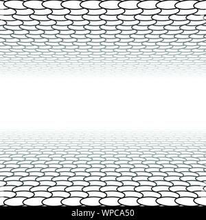 Grille à mailles, dans la perspective de disparaître, diminuer à horizon lointain. Rendre l'espace 3D virtuel. Skyline convergent abstract background. Profondeur 3D illustration. Je Illustration de Vecteur