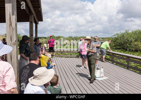 Un garde forestier du parc donne une conférence pour les visiteurs sur la promenade de l'anhinga Trail dans le parc national des Everglades en Floride, USA Banque D'Images