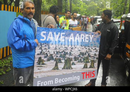 Mumbai, Maharashtra. Sep 8, 2019. 08 Sept 2019 - Mumbai - INDE.Malgré une lourde averse de pluie les résidents de Mumbai sortir pour protester contre la destruction de la forêt Aarey à Mumbai ainsi que la forêt amazonienne au Brésil.Le Gouvernement a proposé de réduire les 2700 arbres pour faire place à l'abri de voiture de métro dans la zone forestière de Mumbai Aarey.Les habitants de ce terme comme une tentative d'accaparement des terres et une destruction planifiée de la forêt Aarey qui abrite 9 léopards et vie sauvage & 500 000 arbres. Credit : Subhash Sharma/ZUMA/Alamy Fil Live News Banque D'Images