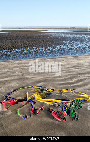 Marée montante déposé polyester coloré tente, plage côtière. marée basse, tôt le matin, la lumière. Banque D'Images